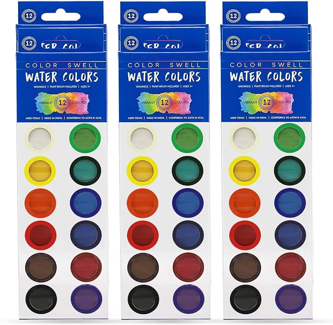 Color Swell Bulk Dry Watercolors Paint Pack and Brushes, 12 Colors, 6 Pack