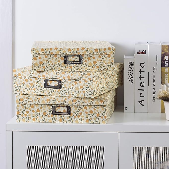 Soul & Lane - Keepsake Storage Boxes with Lids, Set of 3, Floral Dance | Decorative Cardboard Photo Box Set for Documents, Scrapbook Paper and Memories, Large Nesting Letter Organizers, Jumbo Size