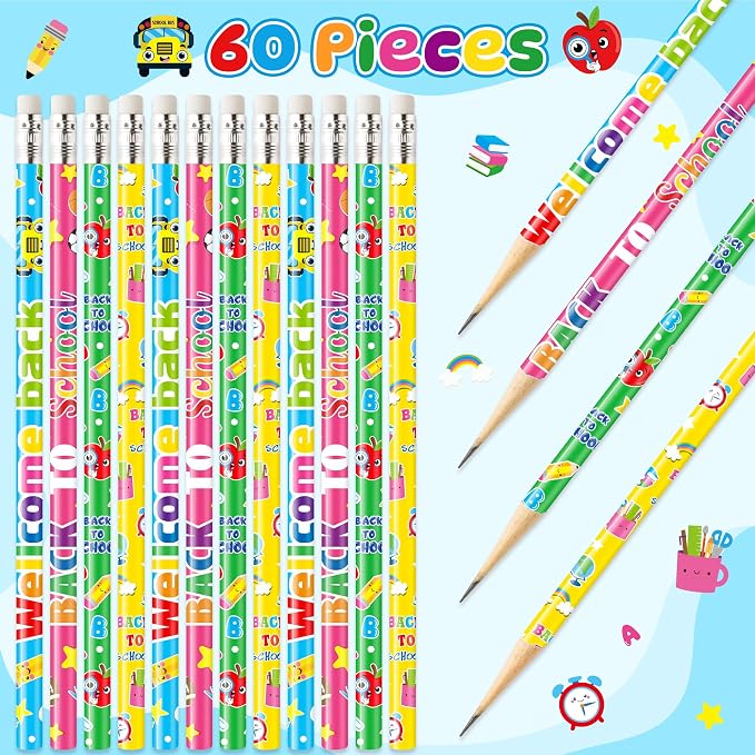 Xqumoi 60Pcs Back to School Pencils with Erasers - 4 Designs #2 HB Pencil in Bulk Welcome Back to School Stationery for Student Classroom Rewards Goodie Bag Fillers Birthday Party Favors Supplies