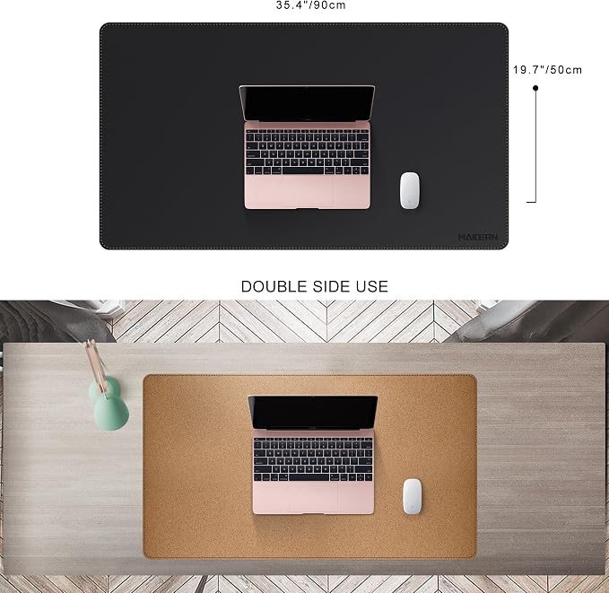 MAIDERN Leather Desk Mat, 35.4” x 19.6” Reversible Large Desk Pad Mat, Cork & Leather Large Mouse pad for Desk, Waterproof Computer Desk Mat for Gaming Home Office (Black)
