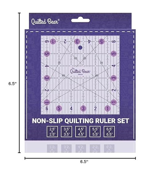 The Quilted Bear Small Quilting Ruler Bundle, 2.5", 3.5", 4.5", 5.5" & 6.5" | 5 Square-Ruler Assortment, Transparent Acrylic, Non Slip, Clear Black Lines, 30, 45 & 60 Degree Angles, for Patchwork, Sewing