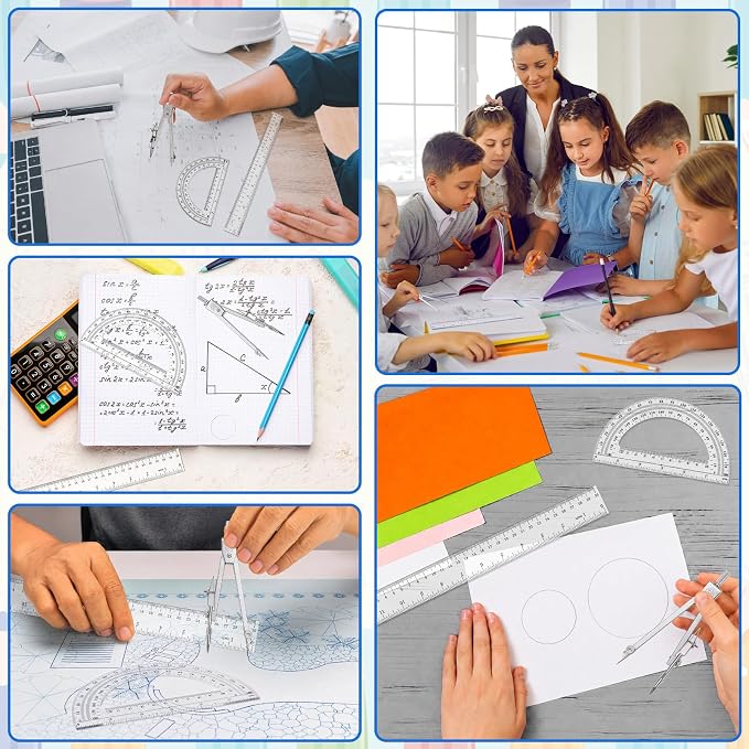 Coopay 3 Pcs Plastic 12 Inch Ruler, Clear Protractor and Compasses Set | Clear Ruler, Protractor and Compass set, Geometry, Durable, Drawing, Measuring, Math, Art, Classroom, School, Student