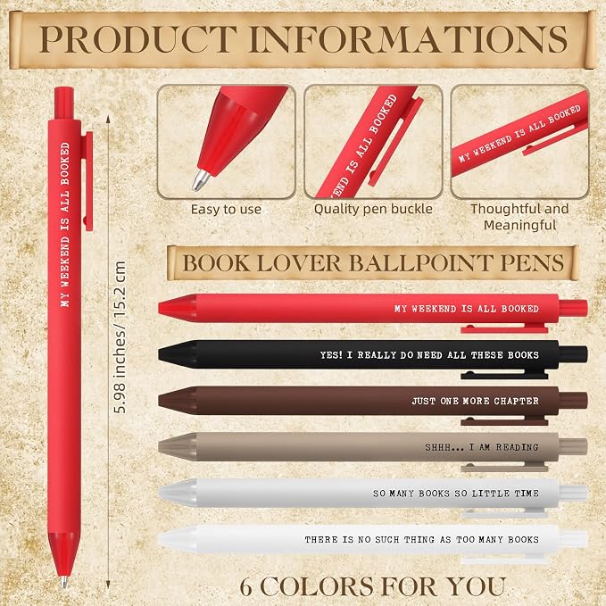 Sayglossy 10 Sets Book Lovers Book Club Journal Ballpoint Pens Welcome Back First Day Gift with Notebooks 6 Styles Library Reading Notebook with Organza Bags