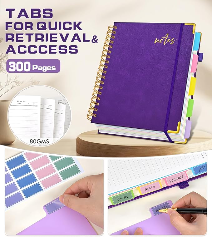 5 Subject Spiral Notebook Journal with Removable Dividers Tabs, 300 Pages Organizer Notebooks for Work School, A5 Hardcover Leather Notebook College Ruled, Lined Journal for Women Men，Purple