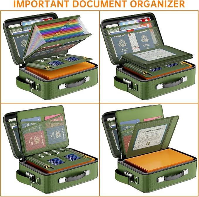 DocSafe Fireproof Document Box Hard Case with Lock ＆ Accordion File Folder | Fire and Water Resistant Safe Box,File Organizer,Multi-Pocket,Home Office Travel Storage for Important Document,Laptop,Green
