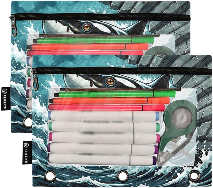 Gredecor 3 Ring Binder Pencil Pouch, Comic White Shark Zippered Pen Case Pouches with Clear Window, 2 Pack Stylish Office & School Supplie
