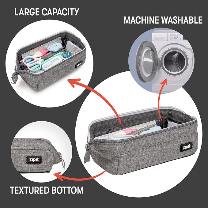 ZIPIT Lenny Pencil Case, Large Capacity Zipper Pouch for School, Stationery Bag for Teen Girls Boys and Adults, Grey
