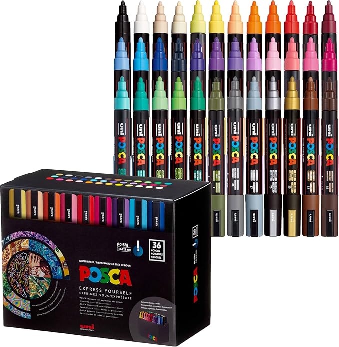 POSCA® PC-5M Paint Markers, Medium (1.8-2.5mm), Assorted, 36 Pack & Caddy | Includes POSCA display caddy with compartments, water-based opaque paint for 50+ surfaces, quick-drying, ACMI-certified