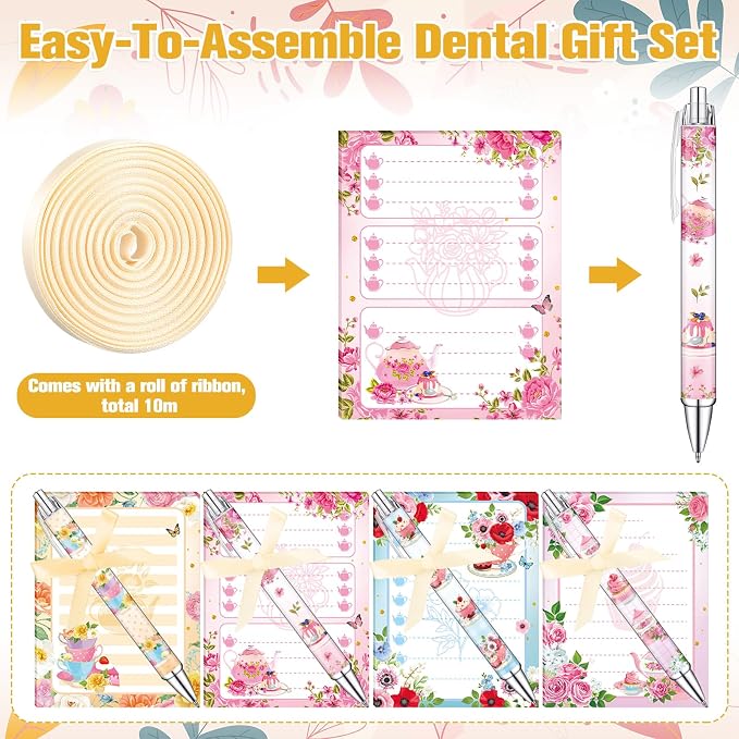 Eaasty 48 Pcs Tea Party Favors Spring Floral Notepads and Ballpoint Pens with Ribbon Vintage Teapot Flower Tea Party Gifts for Birthday Wedding Bridal Shower Office Supplies