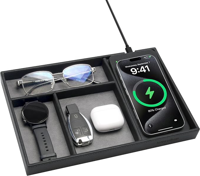Valet Tray, Built in Wireless Charging Pad, Nightstand Organizer, Two-Toned Premium Vegan Leather Desk Bedside Caddy Organizer Tray for Keys, Watch, Wallet, Jewelry (Black+Gray)