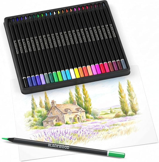 Blackwood Colored Pencils Set – 24 Soft Core Triangular Colored Pencils, Premium Black Wood, Pre-Sharpened, 3mm Lead for Drawing, Sketching & Coloring