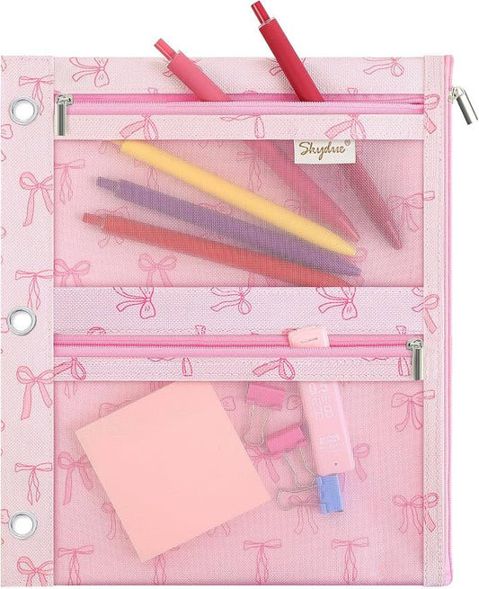 SKYDUE 3 Ring Pencil Pouch for Binder, Zipper Binder Pencil Pouch with 3 Pockets and Mesh Window, Durable Organizer for School Supplies, Cables, Earbuds, Makeup