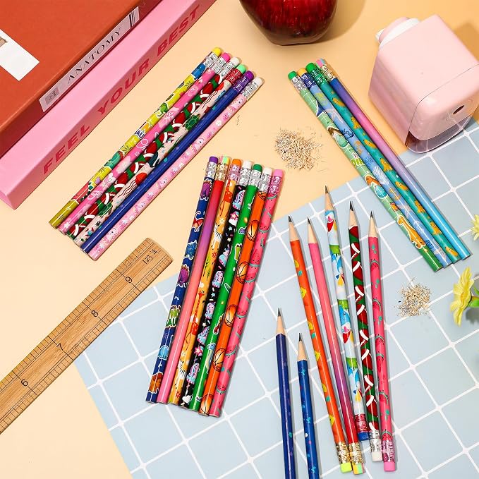Sabary 300 Pcs Assorted Wood Pencil Bulk 50 Styles #2 HB Colorful Novelty Fun Dinosaur Animals Fruits Sports Pencils with Erasers for Teacher Reward
