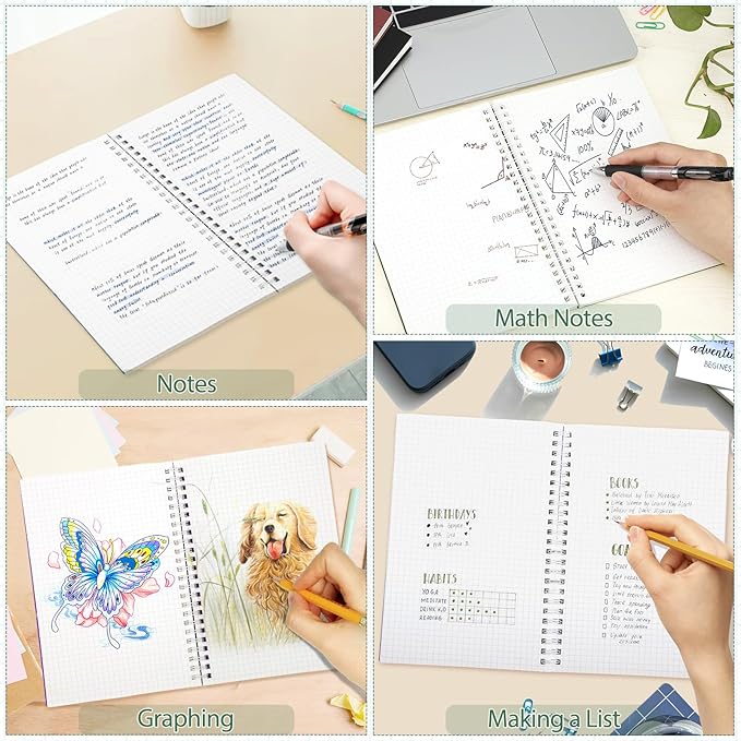 BESARME 4 Pack A5 Graph Paper Notebooks, 5.7 x 8.22 in, 100 GSM | Grid paper notebooks, 160 pages, waterproof plastic cover, twin-wire spiral, 5x5 mm grid, lays flat for school work sketching