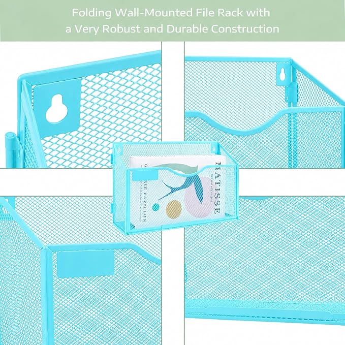 1 Pocket Mesh Wall File Holder Organizer Office Hanging File Folder Magazine Rack, Nametag Label Hooks Set Included (Blue)