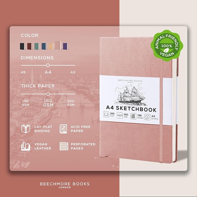 Beechmore Books A4 Mixed Media Sketchbook - 8.5"x11" Hardcover Lay-Flat Art Journal, 160 GSM / 98 lb Professional Ivory Paper, 156 Perforated Pages, Gift Box, Ink, Drawing and Light Watercolor