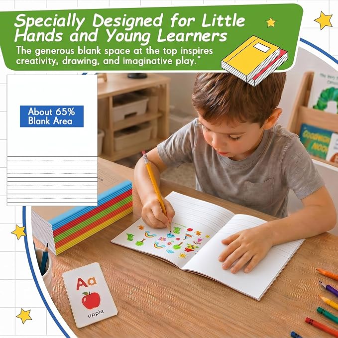 Henoyso 20 Pack Primary Composition Notebook, A5 Kids Primary Journal, K-2 Writing Notebook for Kids Student Draw Write Story Journal Half Blank Books(Bright Color)