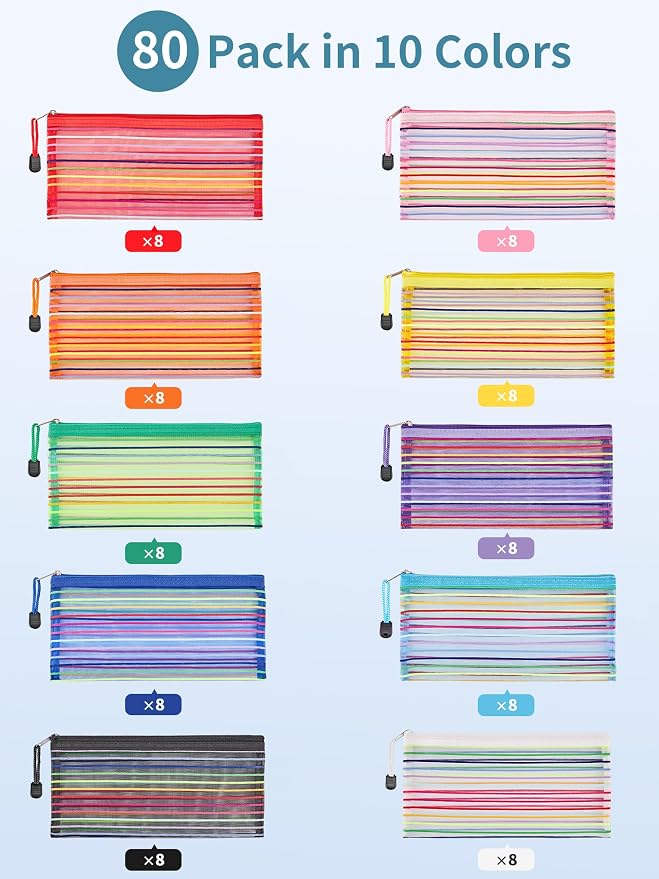 JARLINK Zipper Mesh Pouch, 80 Pcs multi-use Pencil Pouches in 10 Colors | Multipurpose Pencil Pouch Bulk for School, Office Supplies, Cosmetics, Makeup&Travel Accessories, Mixed Color