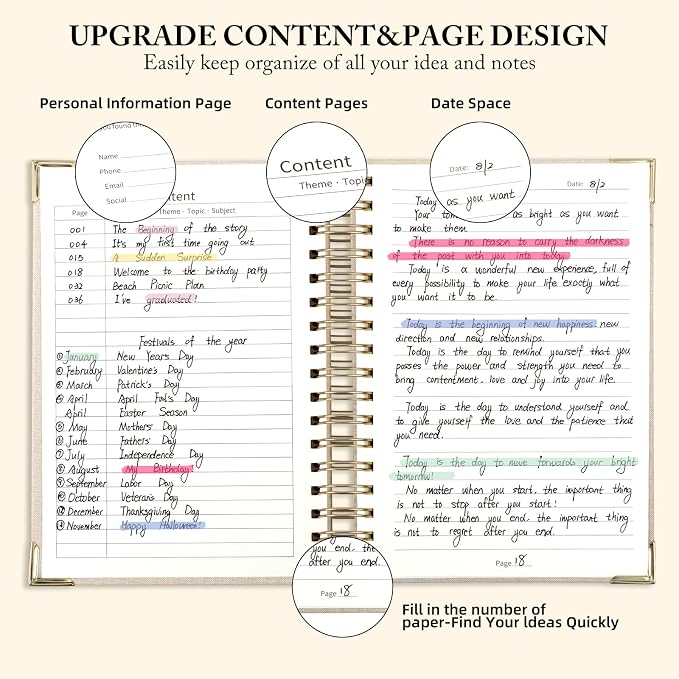 Spiral Notebook Journal, 328 Pages Linen Hardcover College Ruled Notebook, Lined Thick Journals for Women Men, A4 Thick Spiral Journal for Writing, 100GSM Paper, Cute Notebooks for Work School