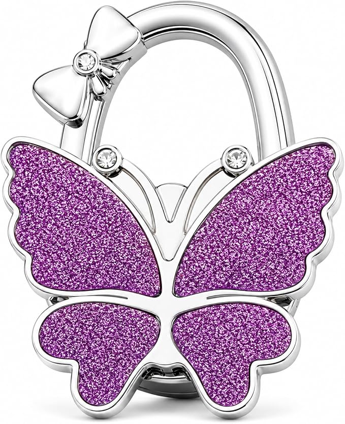 Purse Hook for Table, Foldable Handbag Hanger for Women, Portable Bag Holder with Non-Slip Base, Cute Bling Purple Butterfly Purse Table Hook for Restaurant Office Travel Gift