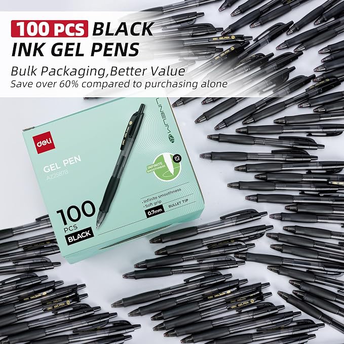 deli Pens Bulk, 100 Pcs Retractable Gel Pens Medium Point 0.7mm, Smooth Writing with Fast Dry Black Ink, No Bleed, Comfort Grip & Pocket Clip for School, Office, Home Supplies