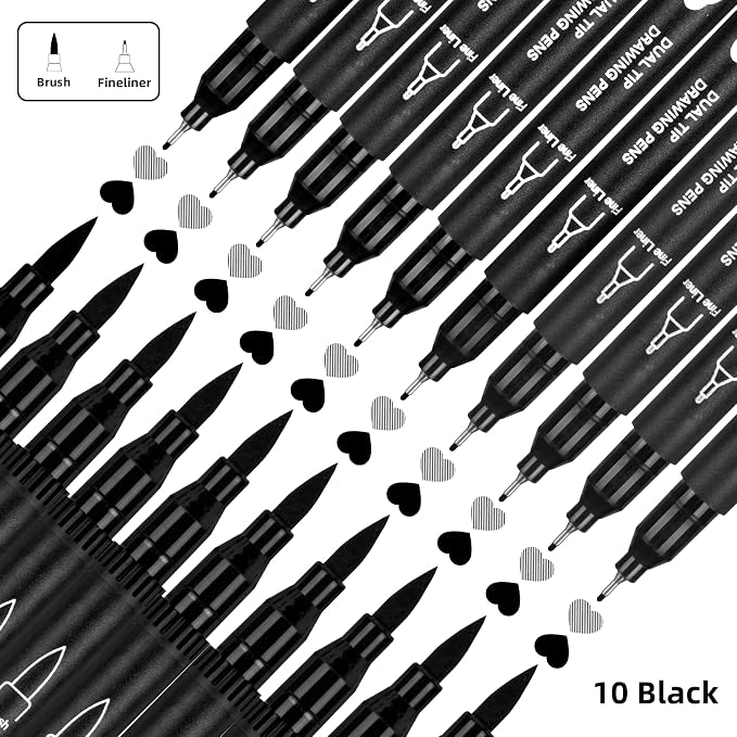 Dual Tip Black Drawing Pens,10 Pack Black Markers for Coloring,Dual Brush Pens with Fine Tip Markers for Art Drawing Sketching Calligraphy