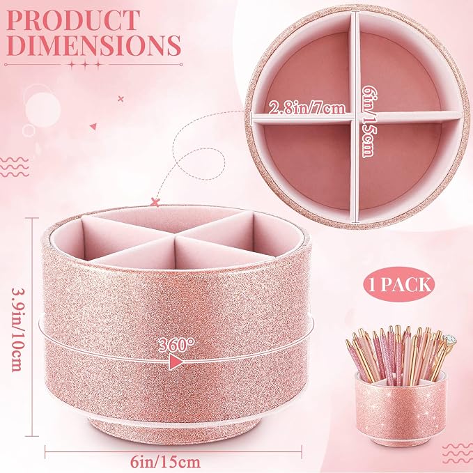 Epakh PU Leather Glitter Pen Holder 360 Degree Spinning Rose Gold Bling Pencil Cup Women Girls Makeup Brush Organizer Cup Gift for Teacher Desk Office Classroom Home Back to School Festival (6 Inch)