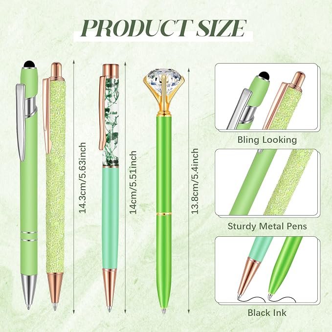 Sabary 8 Pcs Green Pens with Pen Holder for Desk Glitter Crystal Diamond Cute Ballpoint Fancy Pencil Holder Bling Desk Organizer for Women Girls School Office Supplies Wedding Graduation Gifts