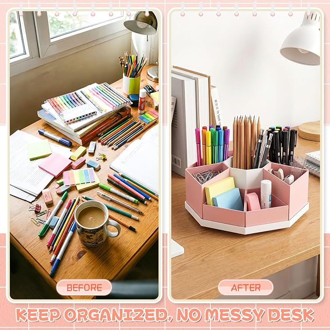 Pajean Rotating Desk Organizer Caddy with 9 Compartments Detachable Rotating Pencil Pen Holders for Desk, 9 Slots 360 Degree Desktop Stationery Art Supplies Makeup Storage Organizer Gift(Pink)
