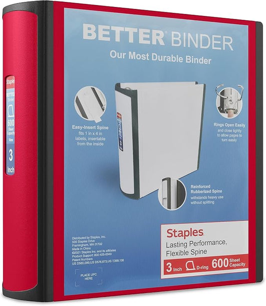 Staples Better Binder, 3" Heavy‑Duty D‑Ring 3‑Ring Binder, Red, Reinforced Spine, Holds 600 Sheets, Durable Organizer for Office, School & Presentations, 2‑Pack