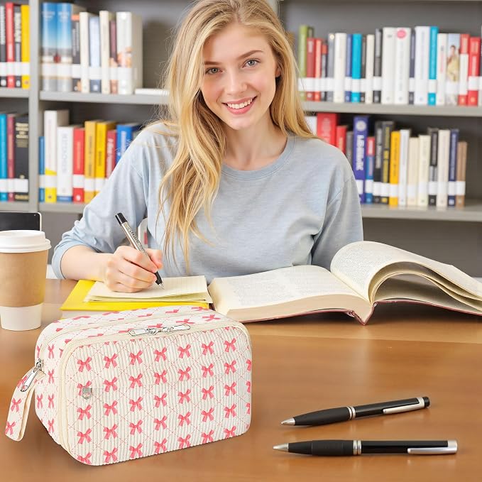 WOBAGMEN Cute Pencil Case,Large Corduroy Zippered Pencil Case Pouch, aesthetic Pencil Bag with Compartments, Pencil Pouch School Supplies (HY-corduroy pc-pink bow)