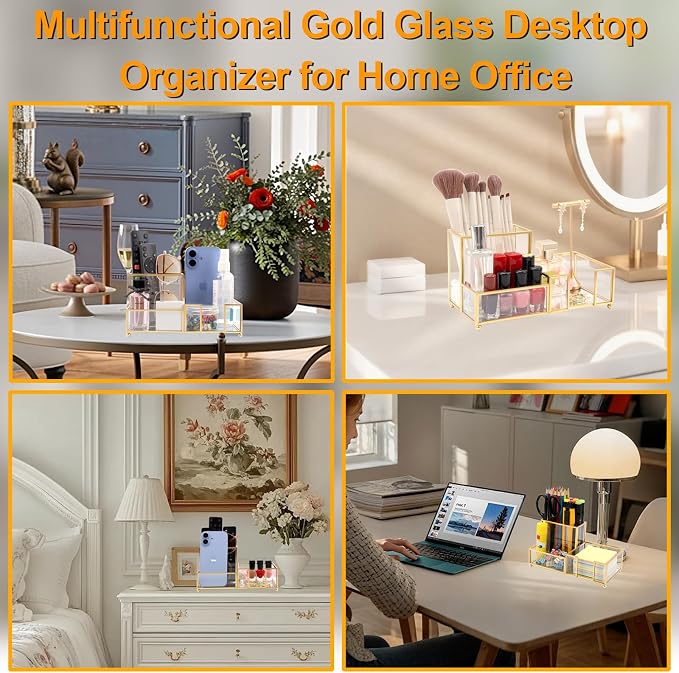 Desk Organizer with 3-Compartments,Glass Small Desk Organizer for Pens Pencils Business Cards Sticky Notes Paper Clips,Gold Stylish Pen Holder for Desk Home Office Decor