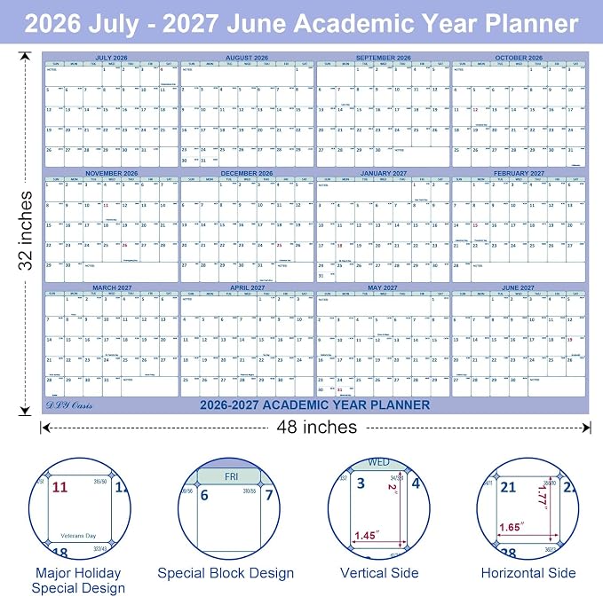 32x48 Academic Wall Calendar 2026-2027 July-June, Dry Erase School Planner | July 2026-June 2027 Folded Wet & Dry Erase Calendar, Vertical/Horizontal Reversible,12 Month School Planner with Julian Dates