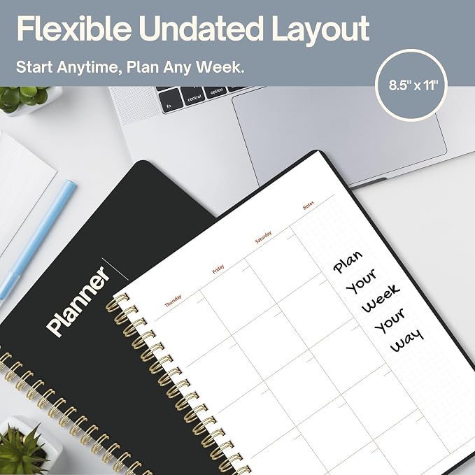 Undated Weekly Planner, 8.5" x 11", Dashboard Layout, Black | Dateless, Top Priorities, To Do List, Habit Tracker, Weekly Notes Space, Weekly Reflection, For Work, School & Life