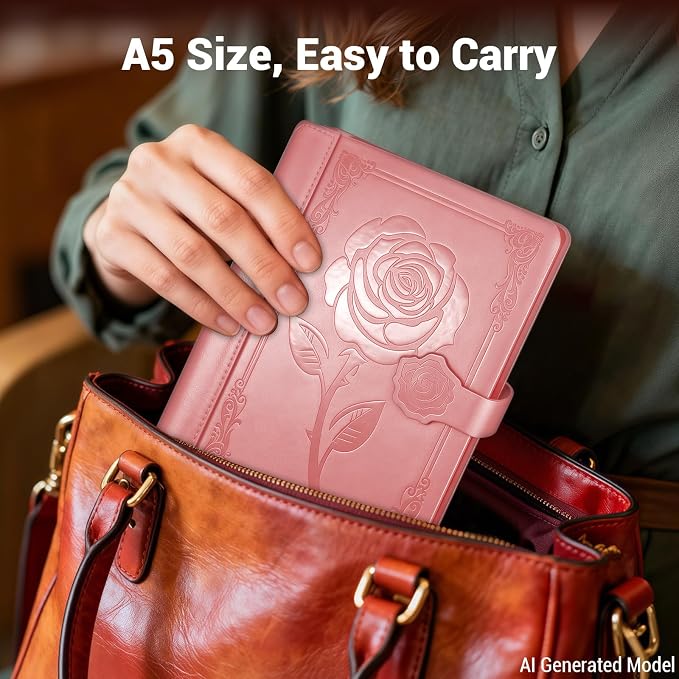 Aocii leather Journal for Women, A5 lined Daily Journal Notebook, Bullet Journaling for Writing, Hardcover Vintage Travel Journals, 224 Pages, Pen included (Pink)