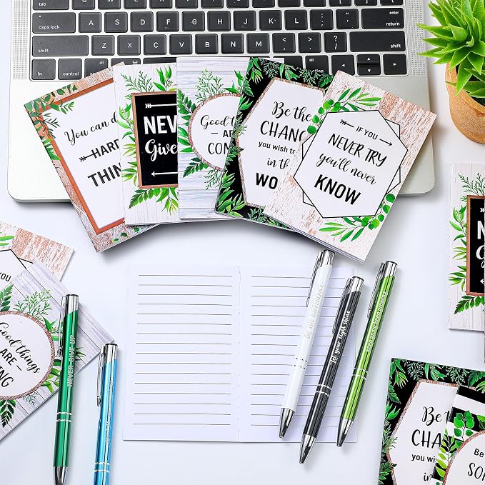 Geyee 24 Pcs Mini Motivational Pens Inspirational Notepads Bulk Appreciation Gifts Small Journals Funny Ballpoint Pen Set Prizes Men Women Office Travel Party Favors(Eucalytus)