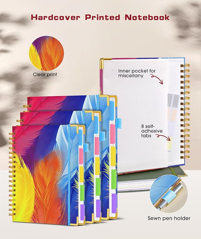 Spiral Notebooks 8.5"x11" for Work with Removable Dividers Tabs,300 Pages 5 Subject Notebook College Ruled,100GMS Notebook journal for School Note taking,Lined Journal for Women,A4 Colorful Feather