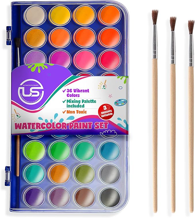Watercolor Paint Set, 36 Colors of Washable Watercolor Paint Includes Watercolor Palette and 3 Paint Brushes. Great Water Color kids paint