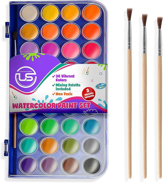 Watercolor Paint Set, 36 Colors of Washable Watercolor Paint Includes Watercolor Palette and 3 Paint Brushes. Great Water Color kids paint