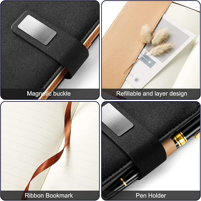 A5 Lined Leather Notebook and Pen Set with Gift Box, 240 Pages Refillable Journal with Pocket and Magnetic Buckle, Hardcover Daily Diary for Men and Women Business Travel Personal Writing- Black