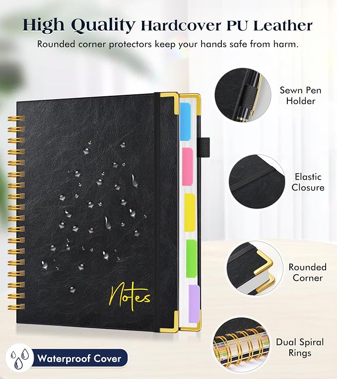 5 Subject Blank Notebook with Removable Dividers Tabs, 300 Pages Hardcover Leather Sketch Book Spiral Journal, 8"x10" B5 Large Sketchbook Notebooks for Women Men Work School Sketching Drawing, Black