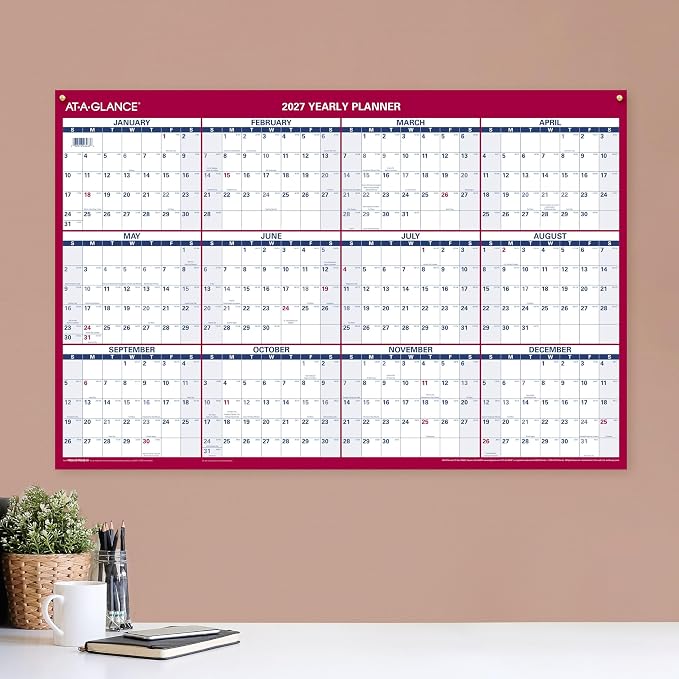 AT-A-GLANCE 2027 Erasable Calendar, Dry Erase Wall Planner, 36" x 24", Vertical-Horizontal, Reversible, Includes Marker (PM262827)