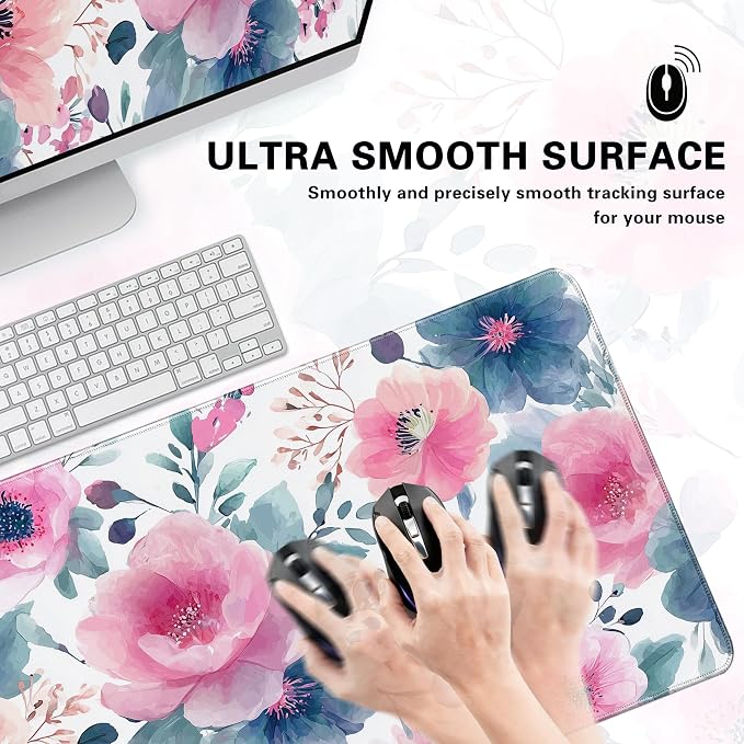 Desk Cover Mat, Floral Large Mouse Pad, Computer Laptop Mat Desk Decor for Women Girls 31.5 X 15.7 Inch (Watercolor Pink Flowers)