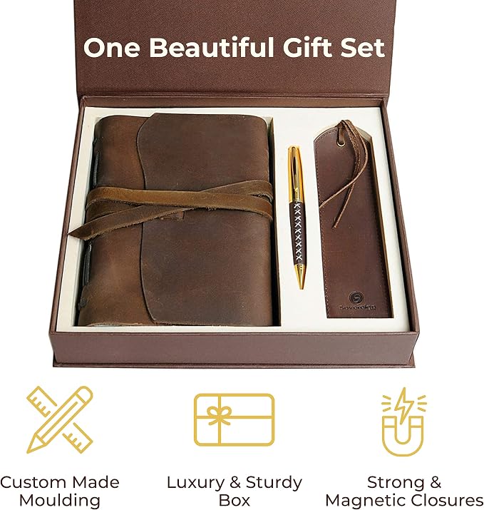 Leather Journal Gift Set with Antique Leather Bookmark + Pen, Handmade Writing Notebook 7x5 Inches Unlined Leather Bound Daily Notepad For Men For Women, Luxury Gift Box Diary for all ages