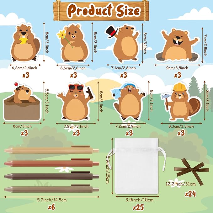 CJiangpo 24 Pack Groundhog Sticky Note with Pen Gift Set, Cute Cartoon Self Stick Notepad Funny Memo Pad Ballpoint Pens with Organza Bags, Groundhog Day Party Favor Gift for Kids Classroom Rewards