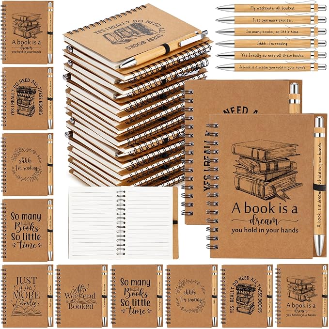 Thenshop 12 Sets Book Lover Gift Librarian Inspirational Spiral Notebook Pen Bulk Book Club Gift Reading Journal Librarian Back to School Gifts for Women Reader Teacher Bookish Bookworm (Brown)