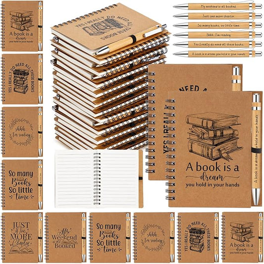 Thenshop 12 Sets Book Lover Gift Librarian Inspirational Spiral Notebook Pen Bulk Book Club Gift Reading Journal Librarian Back to School Gifts for Women Reader Teacher Bookish Bookworm (Brown)
