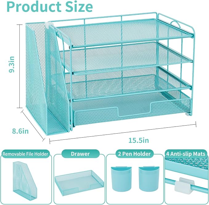 OPNICE Desk Organizer, 4-Tier Desktop File Organizer with Drawer and Pen Holders, Office Desk Accessories, File Sorters, Workspace Organizers for Office Supplies(Teal Blue)