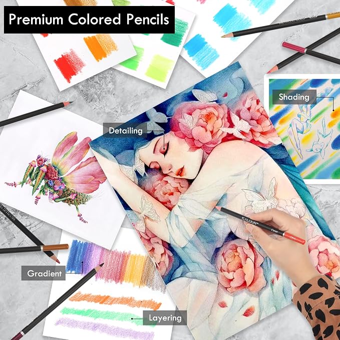 KALOUR 180 Colored Pencil for Artists - Rich Pigment Soft Core - Oil-Based - Ideal for Coloring Drawing Sketching Shading Blending - Vibrant Color（Tin Case）