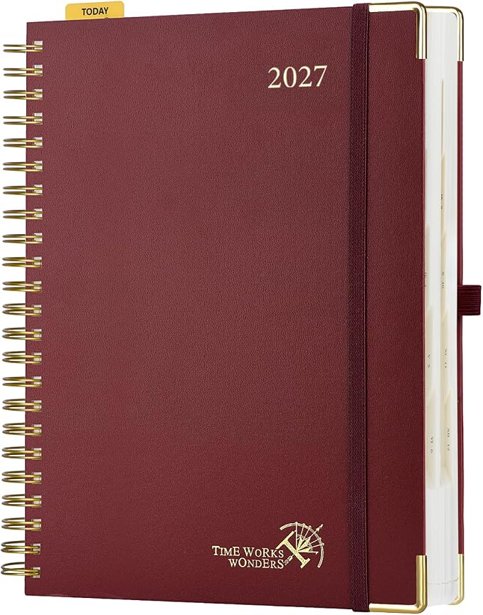 POPRUN 2027 Daily Planner One Page Per Day, Large 8.5" x 12", Calendar Book from Jan 2027 - Dec 2027, Hardcover Appointment Book with Hourly Time Slots, Spiral Bound, Monthly Tabs - Burgundy